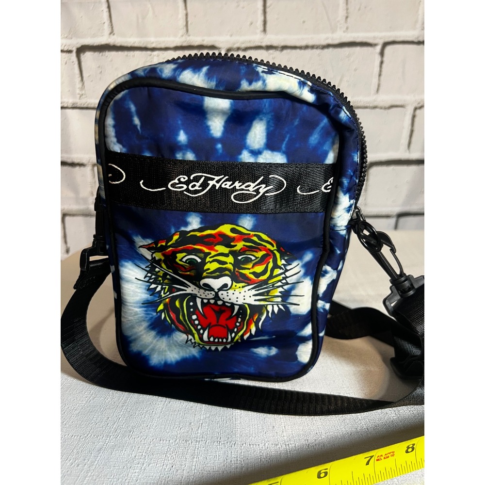 Ed Hardy Tiger Tie Dye Crossbody Bag Blue White Nylon Messenger Streetwear